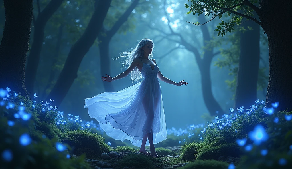 In a mystical glade deep within an ancient forest, a seductive female elf with silver hair and violet eyes gracefully dances under the stars. She wears a flowing, semi-transparent gown that reveals her graceful silhouette. Her skin glows faintly in the moonlight, and her bare feet move softly on the mossy ground. Around her, the air is filled with glowing pollen, and ethereal blue flowers bloom, creating an atmosphere of serene beauty and otherworldly magic. The gentle sounds of nature blend with her soft lullaby, creating a scene of tranquil enchantment.