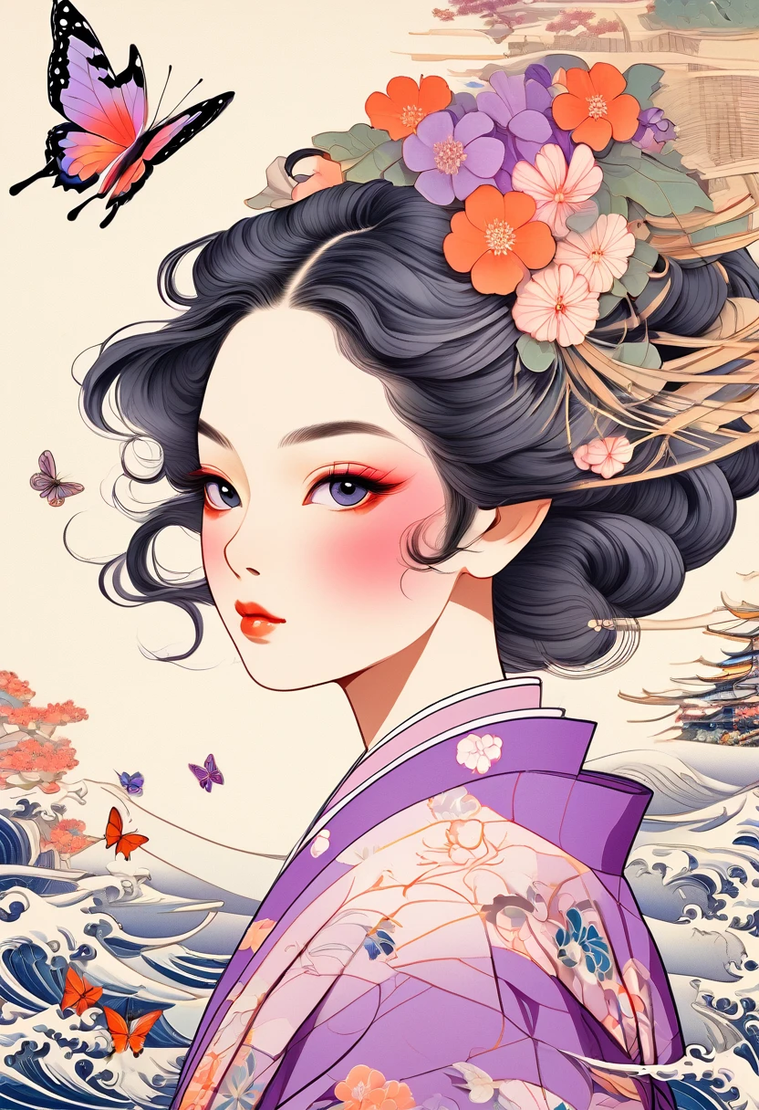 A mesmerizing surreal illustration of a young japanese woman resembling Shinobu Kouchou. She has black hair, purple eyes, a butterfly hair ornament, and wears a vibrant pastel colored outfit adorned with intricate floral patterns. Freckles dot her smooth, warm complexion, and bold, colorful tattoos cover her arms and legs. The tattoos feature traditional Japanese motifs like flowers and mythical creatures, rendered with meticulous detail in a pastel color palette. The background is a vintage floral-patterned wallpaper that complements the artwork's colors. The line work is precise, with delicate shading that gives the illustration a 3D quality. The artwork fuses modern illustration techniques with traditional Japanese aesthetics, resulting in a visually striking, portrait,