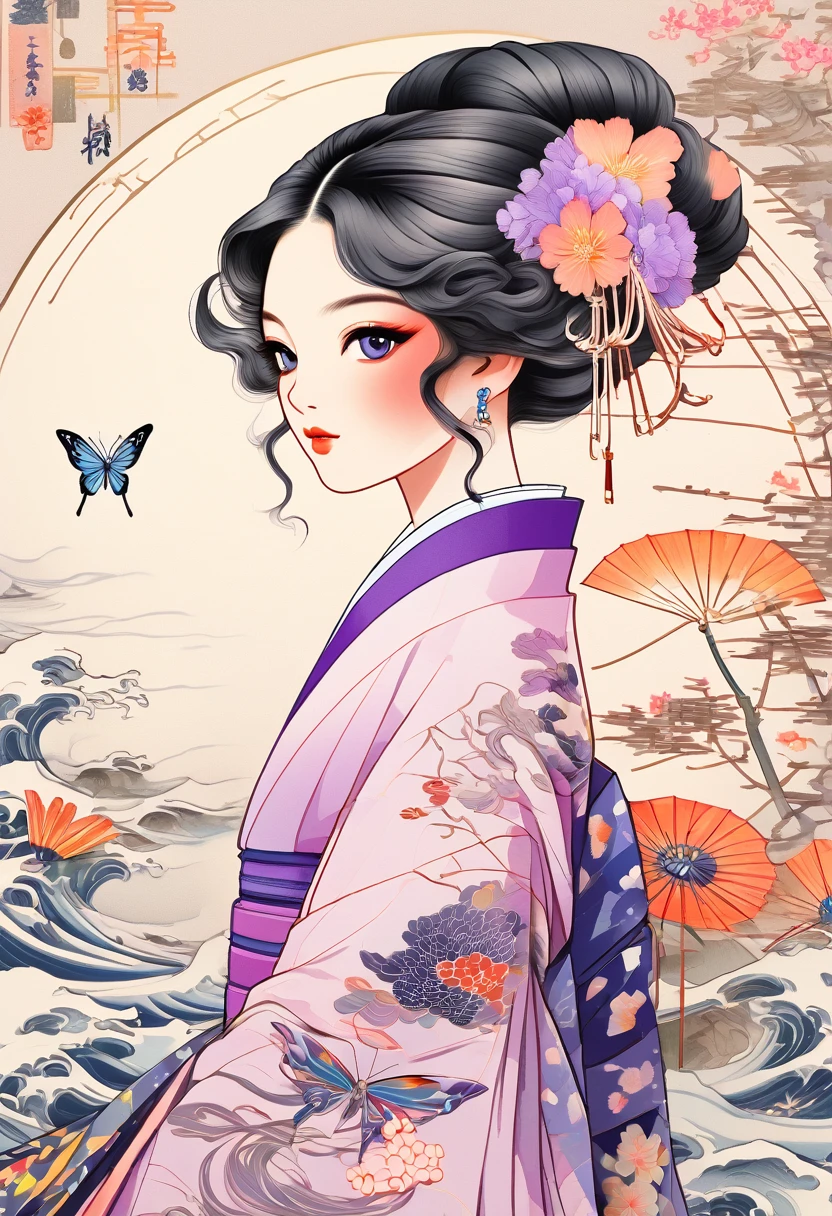 A mesmerizing surreal illustration of a young japanese woman resembling Shinobu Kouchou. She has black hair, purple eyes, a butterfly hair ornament, and wears a vibrant pastel colored outfit adorned with intricate floral patterns. Freckles dot her smooth, warm complexion, and bold, colorful tattoos cover her arms and legs. The tattoos feature traditional Japanese motifs like flowers and mythical creatures, rendered with meticulous detail in a pastel color palette. The background is a vintage floral-patterned wallpaper that complements the artwork's colors. The line work is precise, with delicate shading that gives the illustration a 3D quality. The artwork fuses modern illustration techniques with traditional Japanese aesthetics, resulting in a visually striking, portrait,