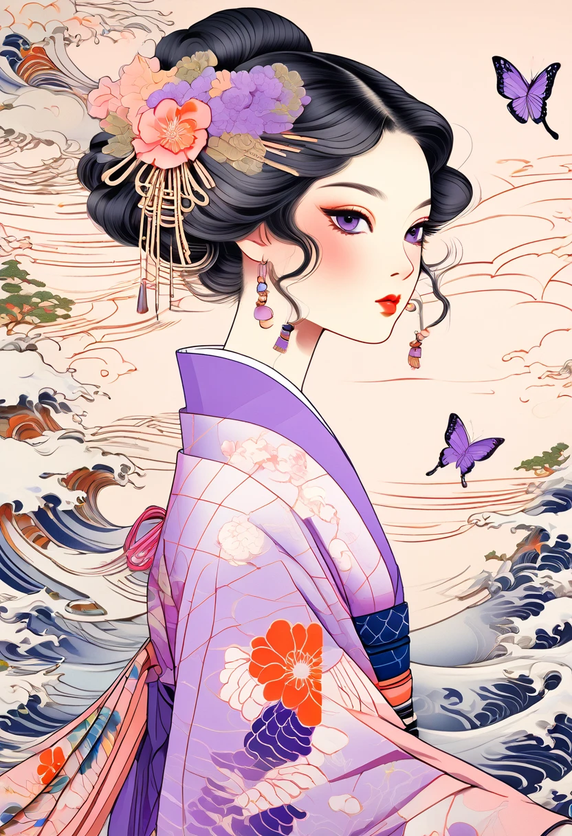 A mesmerizing surreal illustration of a young japanese woman resembling Shinobu Kouchou. She has black hair, purple eyes, a butterfly hair ornament, and wears a vibrant pastel colored outfit adorned with intricate floral patterns. Freckles dot her smooth, warm complexion, and bold, colorful tattoos cover her arms and legs. The tattoos feature traditional Japanese motifs like flowers and mythical creatures, rendered with meticulous detail in a pastel color palette. The background is a vintage floral-patterned wallpaper that complements the artwork's colors. The line work is precise, with delicate shading that gives the illustration a 3D quality. The artwork fuses modern illustration techniques with traditional Japanese aesthetics, resulting in a visually striking, portrait,