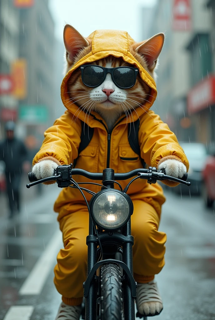 an anthropomorphic cat,Wearing yellow takeout clothes,Delivering food on an electric bike,Got wet,face lens,The background is the road,4KHD,strong,Realistic,HD,detail,panoramic
