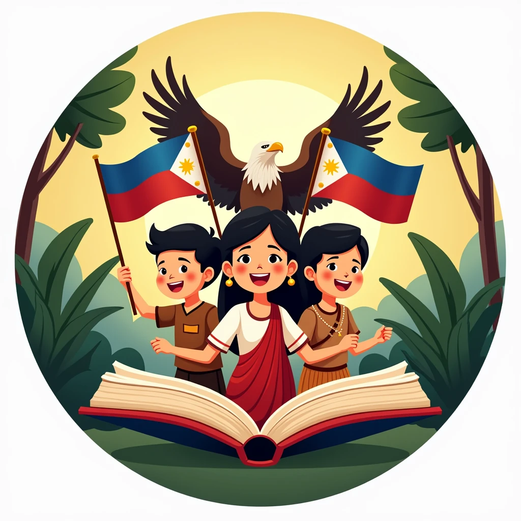 (CARTOONISH)Create a traditional and modern CIRCLE logo for Buwan ng Wika (National Language Month) featuring three people smiling with bright teeth, BROWN skin tone, (half body) standing close together popping from a book in the BACKGROUND, NATURE BACKGROUND, wearing traditional Filipino attire, and a philippine eagle in the back spreading out its wings. The central figure, a girl IN THE MIDDLE ONLY holding the Philippine flag in a traditional Filipino dress consisting of a dirty white blouse (Baro) and a red skirt (Saya). The two accompanying figures, one boy in a barong tagalog and the other one boy dark skin in tribal attire(PHILIPPINES), overall 3. Use the colors of the Philippine flag and any other colors that represent the topic. The composition should be in a fish point of view. (warm tone) (golden hour) (close up of the face), vibrant colors.