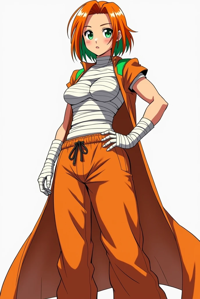 A very muscular anime teenage woman with orange hair with green highlights and green eyes wearing white bandages to cover her breasts completely and wearing baggy orange pants, wearing a long orange overcoat with green details on the shoulders 