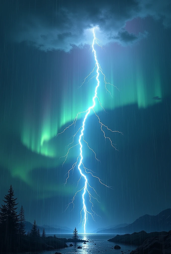 A lightning bolt in the sky aurora with rain