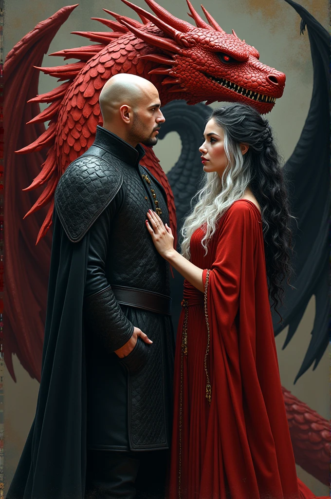 Olivia Benson and Elliot Stabler as Targaryens. 
Bald Elliot and a red dragon while Olivia&#39;s hair blends between dark hair and platinum highlights like a Targaryen, Olivia having a black dragon.
