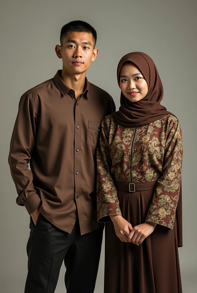 (photorealism  ,19 year old Indonesian man with small and thin body (short) haircut (undercut) wearing long-sleeved batik and black jeans,with a 1 woman wearing a brown hijab with a batik kebaya and a skirt ,,both facing forward with a thin sentum ,background studio 