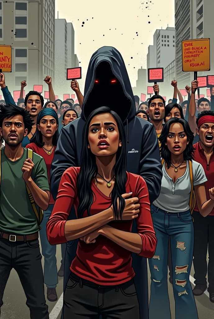 A concept art of showing Harsh reality of this generation, make a sketch where a crowd is protesting against rapes and a person behind the crowd trying to rape another women, contrast the difference