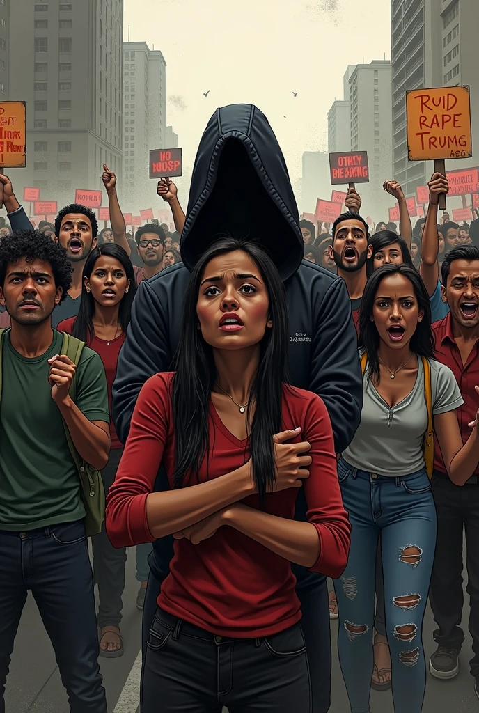 A concept art of showing Harsh reality of this generation, make a sketch where a crowd is protesting against rapes and a person behind the crowd trying to rape another women, contrast the difference 