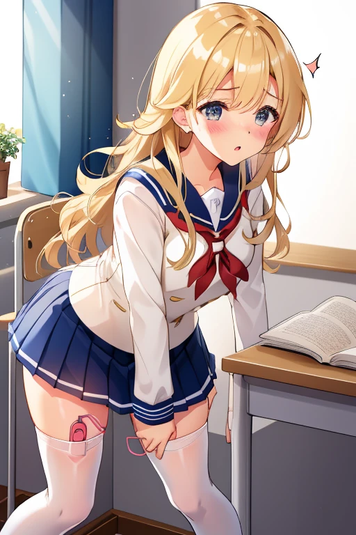 score_9, score_8_up, score_7_up, score_6_up, score_5_up, score_4_up, (source_anime),beautiful girl, spread legs, ponytail, Golden hair, Glasses, Bad look in the eyes, classroom, big tits, open shirt , sailor suit, Pleated skirt,brainwashing,empty eyes, double peace,tongue(((NSFW)))((question mark))((cowgirl position))