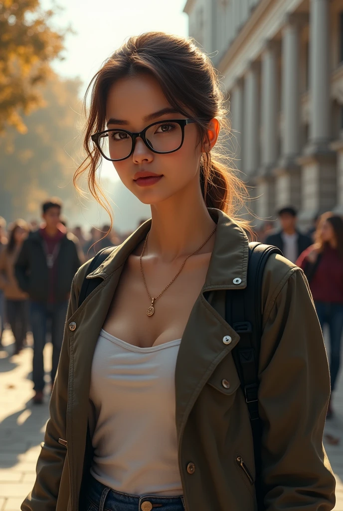 Sexy student with glasses, with a low messy ponytail, entering college 