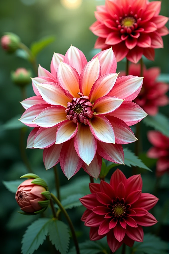 Natural dahlia flowers with the colors of the Mexican flag 