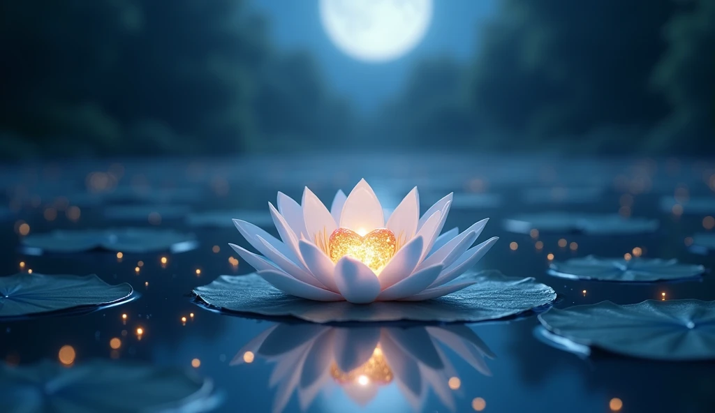 In the center of the image there is one white lily, in the center of which a small precious stone sparkles, A moonlit lake at night, with a single white lily pad at its center, holding a glowing, heart-shaped gemstone. The moonlight shimmers on the water surface, creating a tranquil and mystical atmosphere, with fireflies gently hovering around the gemstone, enhancing its enchanting aura. Dynamic pose, Strong contrast, Good depth of field, Masterpiece, Aesthetic Mystical illustration in realistic style, best quality, natural light, high res, highly detailed, All the colors and materials in this work are very harmoniously combine, Like the same color. Best quality. 8K Ultra HD. bioluminescent nature