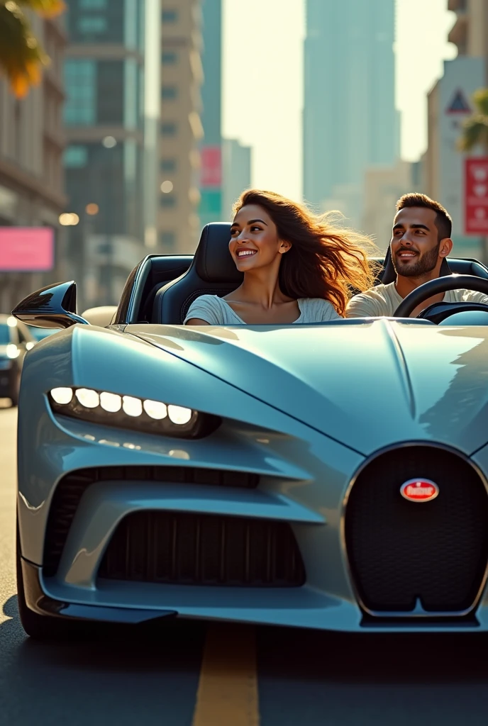 A beautiful girl driving her boyfriend in a Bugatti, mixed with a Lamborghini urus se on Dubai Streets having fun in 8k HD