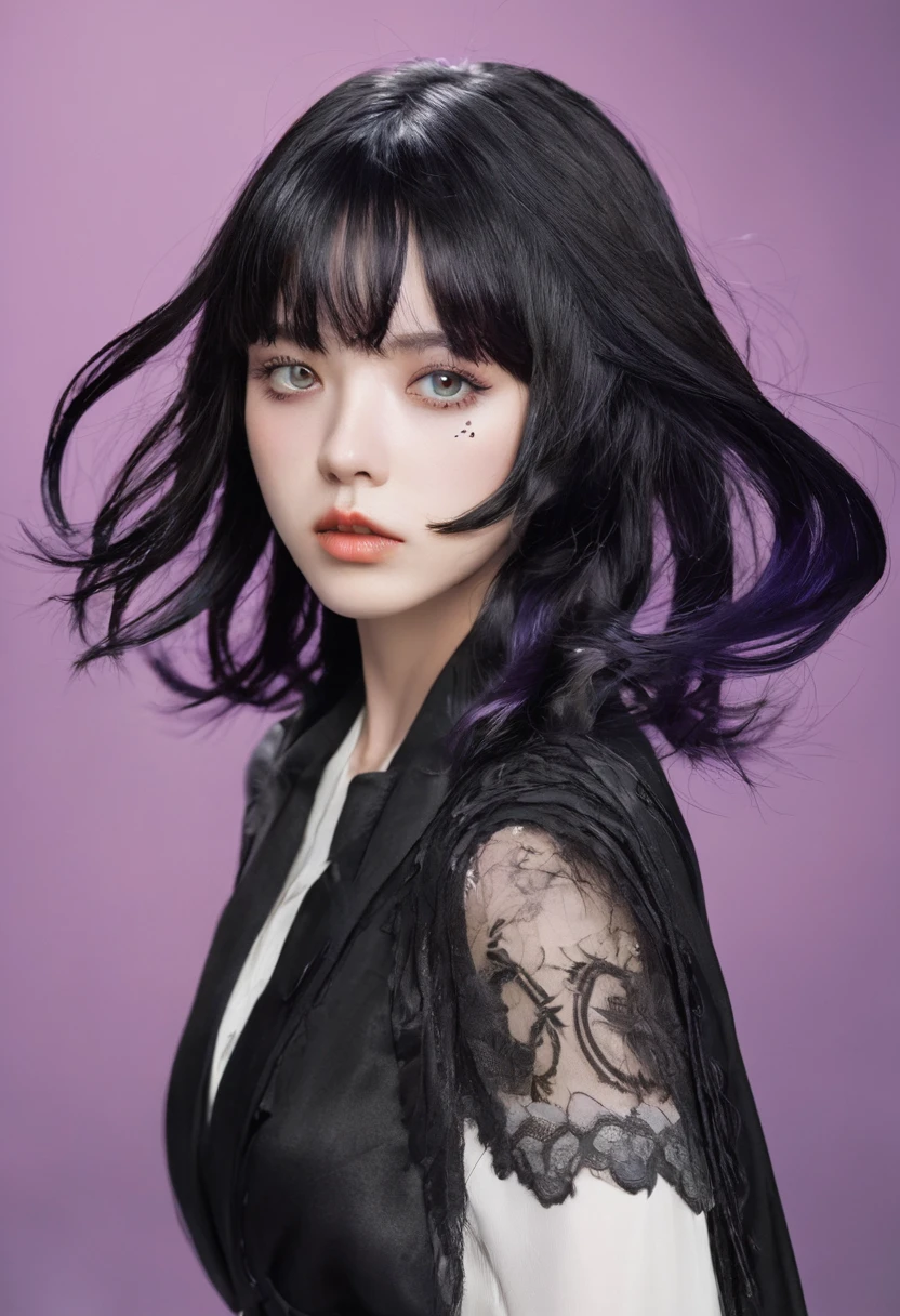 Crow's appearance, she naturally has a rather pale complextion, matched with her black wavy hair and unique eyes her left eye violet and her right eye yellow, and her bangs that always seem to cover her right eye giving her a shy vibe.