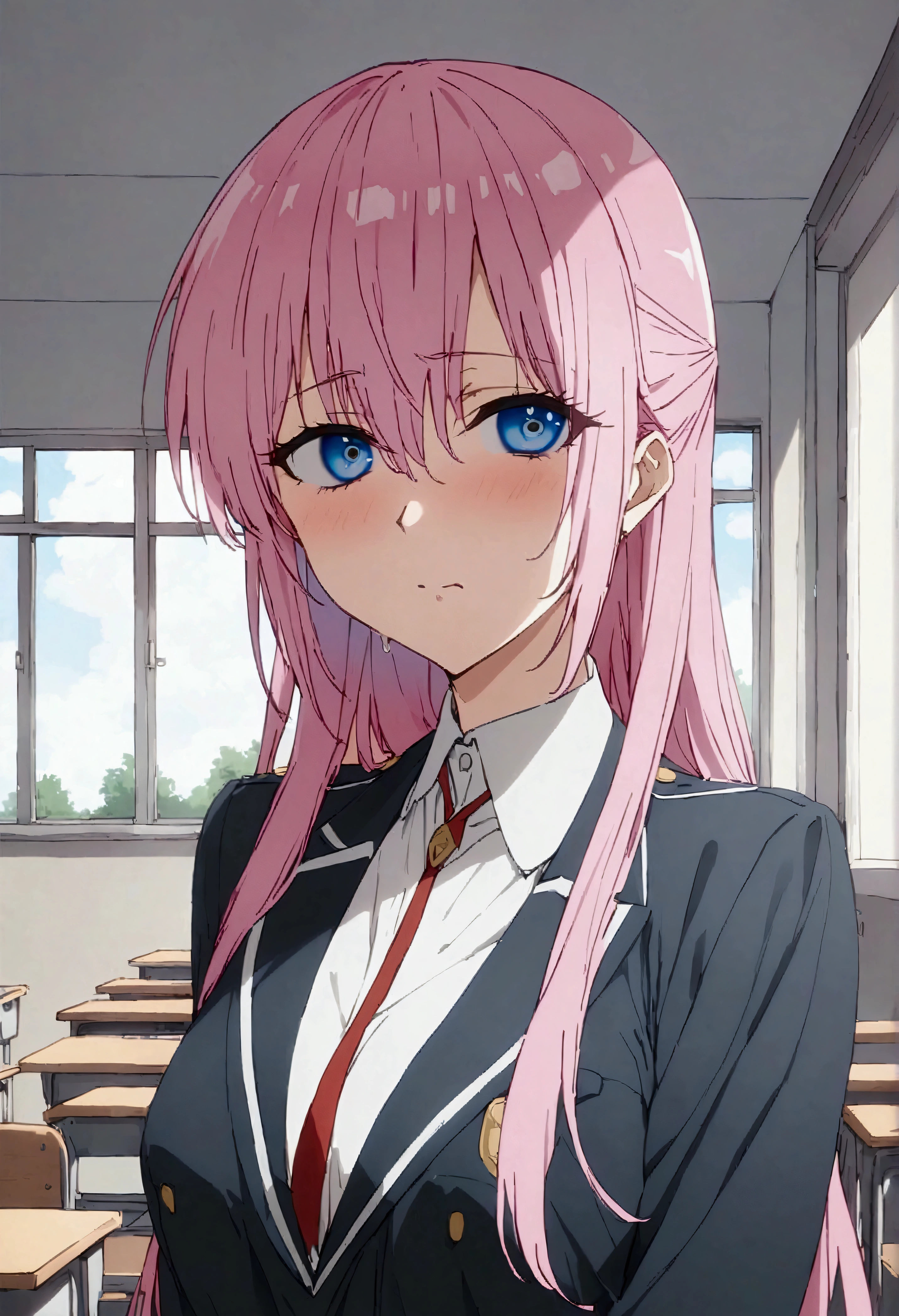 NSFW,masterpiece,Highest quality,High resolution,Very detailed,Shikimori-san\(可愛いだけじゃないShikimori-san\),Pink Hair、Long Hair、blue eyes、Hair between the eyes、bangs,uniform,School,classroom