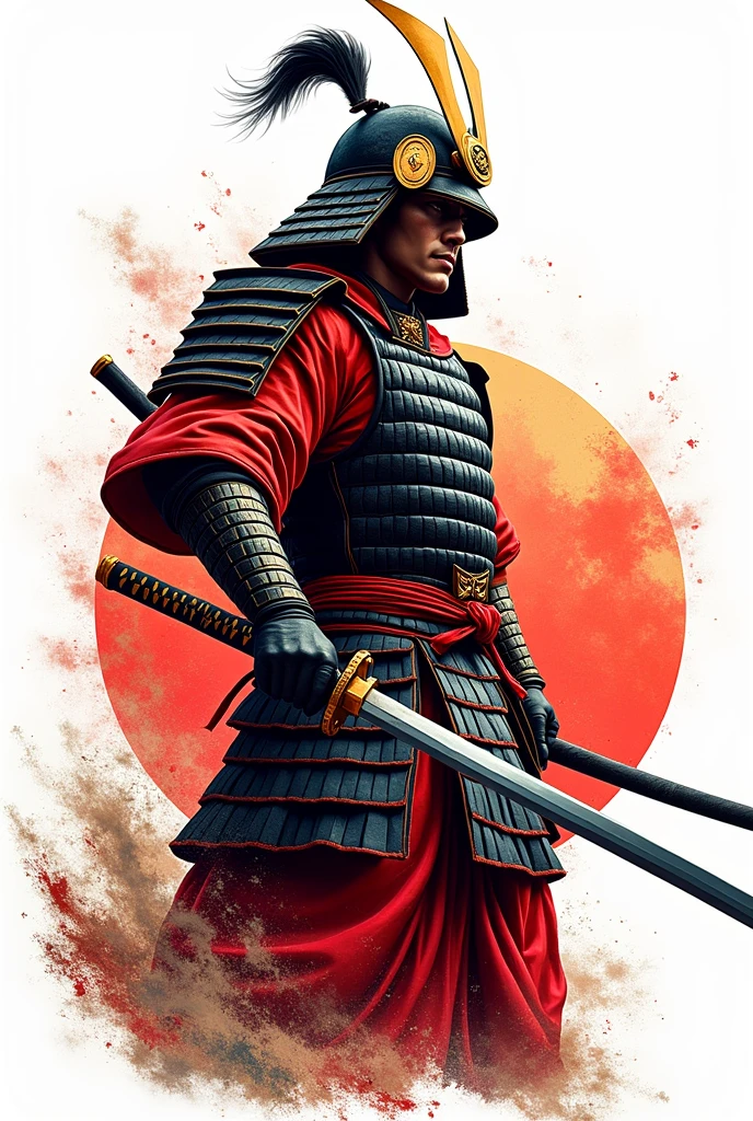 a Japanese samurai with katana with gold and red colour imagine on white T-shirt