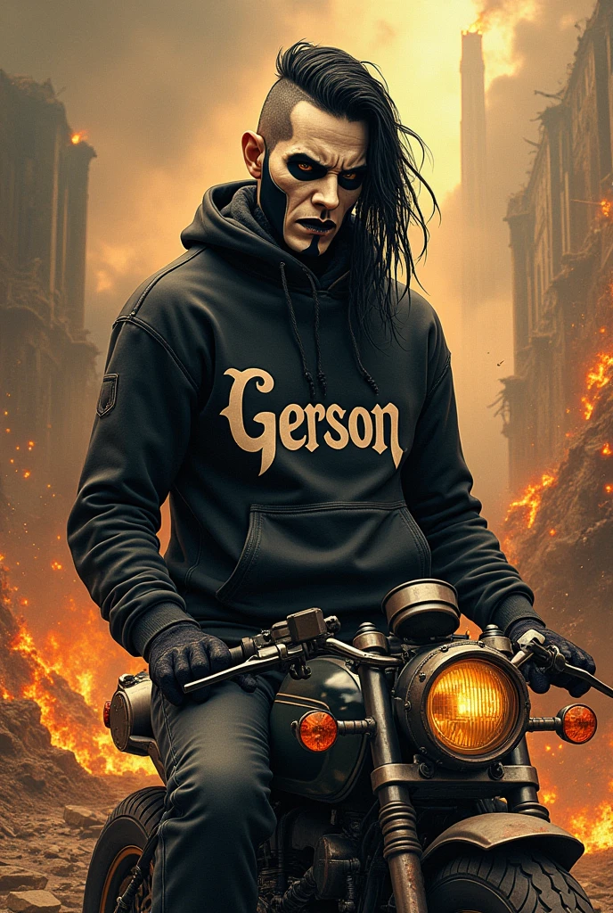 Rocker boy, with sweatshirt named Gerson, in a landscape of destruction and war in hell with lots of fire, megadeth style illustration, Medium long black hair shaved viking style viking style haircut age 2 call of duty ghost mask on motorcycle ghost rider style long hair and mask
