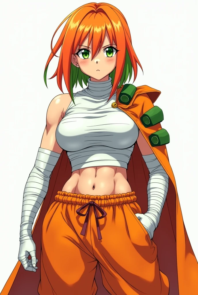 A very muscular anime age woman with orange hair with green highlights and green eyes wearing white bandages to cover her breasts completely and wearing baggy orange pants, wearing a long orange overcoat with green details on the shoulders