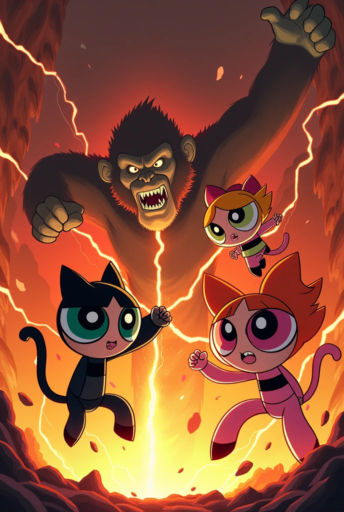 The adult powerpuff girls. Cat costumes. Fighting inside a volcano. crazy monkey hitting them  