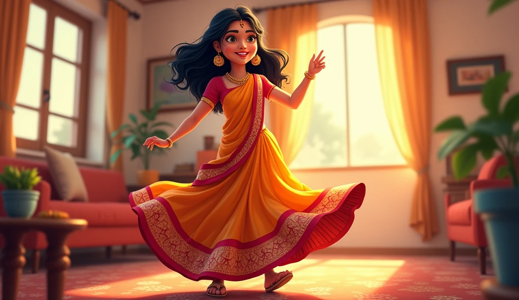 create an cartoon image of a beautiful women wearing saree and dancing in the house