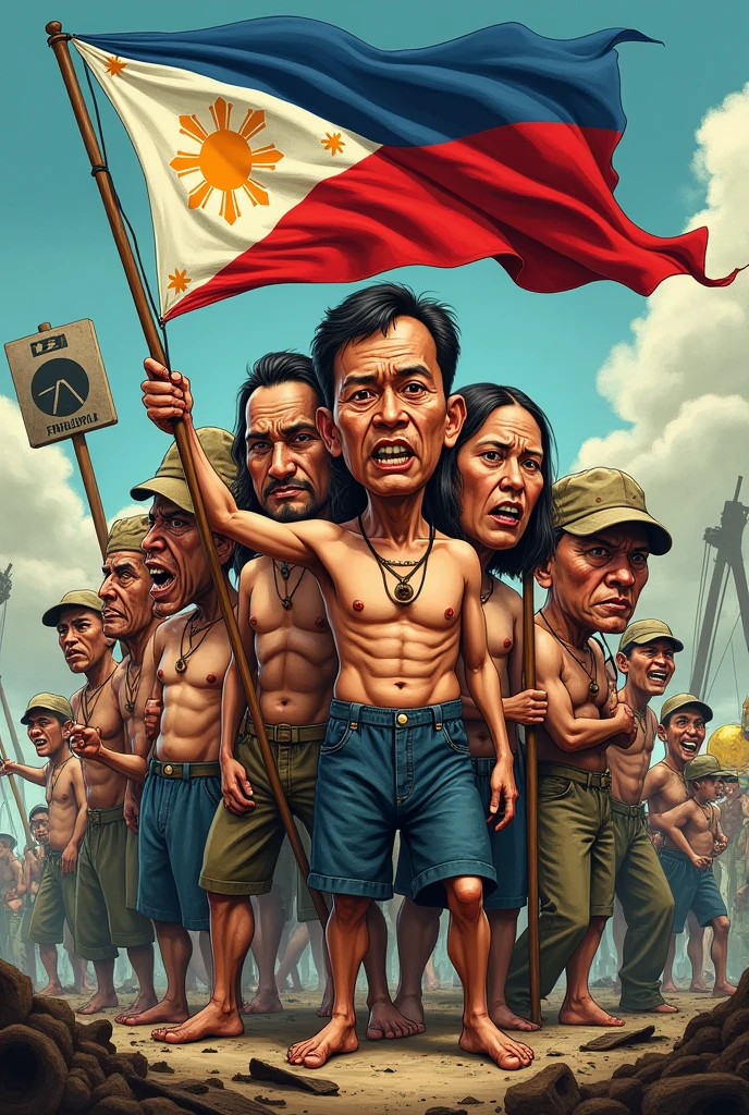 (Caricature), Create a detailed caricature that captures the suffering and resilience of the Filipino people during the Japanese occupation in World War II. Depict a scene with a somber, yet defiant tone. Show a group of Filipino civilians, visibly emaciated and traumatized, standing together with a backdrop of destruction—perhaps the ruins of Manila or the harsh conditions of the Bataan Death March. Include symbols of Japanese brutality, such as a menacing soldier or imagery representing forced labor and violence. However, also incorporate elements of resistance and nationalism—Filipino fighters or civilians holding the Philippine flag, a figure leading a resistance movement, or a symbol of hope and unity. The style should exaggerate the emotional expressions, highlighting the despair, anger, and determination of the Filipino people. Include words in the caricature
"Manila’s Resilience", "For our freedom, we fight!", "Suffering under the weight of war." And "Brutality and Fear."