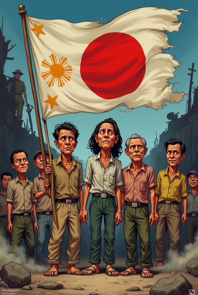 (Caricature), Create a detailed caricature that captures the suffering and resilience of the Filipino people during the Japanese occupation in World War II. Depict a scene with a somber, yet defiant tone. Show a group of Filipino civilians, visibly emaciated and traumatized, standing together with a backdrop of destruction—perhaps the ruins of Manila or the harsh conditions of the Bataan Death March. Include symbols of Japanese brutality, such as a menacing soldier or imagery representing forced labor and violence. However, also incorporate elements of resistance and nationalism—Filipino fighters or civilians holding the Philippine flag, a figure leading a resistance movement, or a symbol of hope and unity. The style should exaggerate the emotional expressions, highlighting the despair, anger, and determination of the Filipino people. Include words in the caricature
"Manila’s Resilience", "For our freedom, we fight!", "Suffering under the weight of war." And "Brutality and Fear."