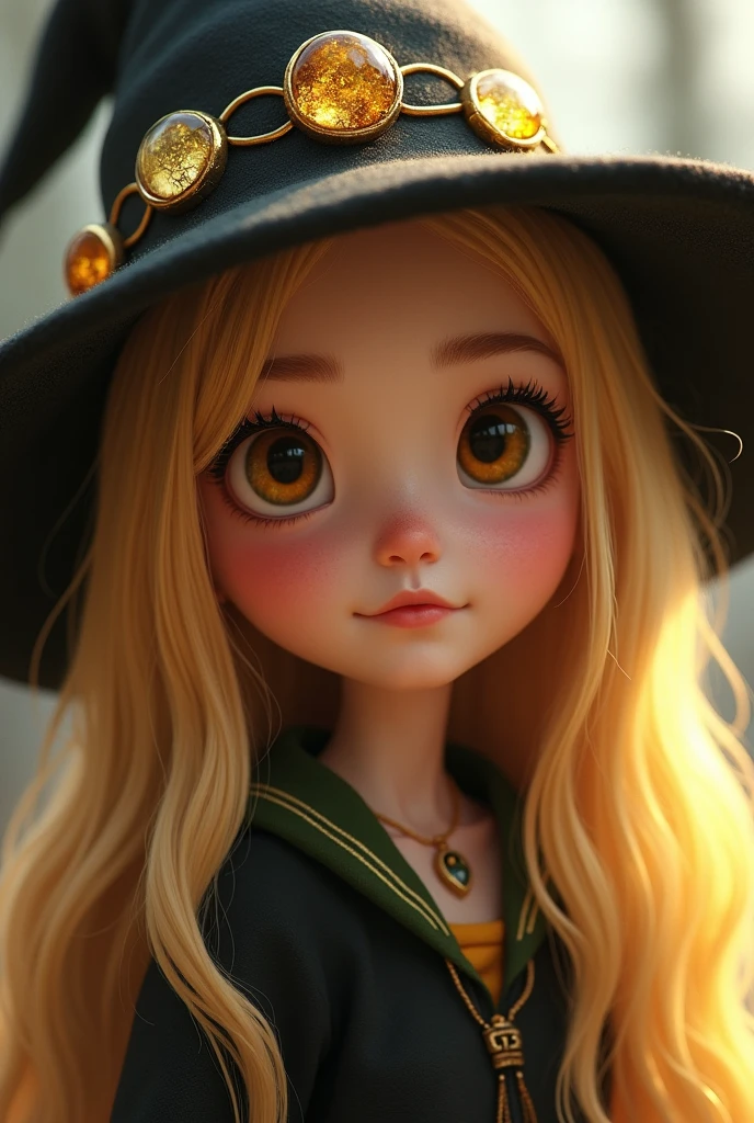 A girl innocent face*big round eyes in ambar color, she save soft features , smal and delicate nose ,lips heart shaped her face a soft and feminine Square form* she is extremely beautyfull...hair( blond and long at her waist Softly curled on the final she is a witch from Hogwarts her house its Hufflepuff clean skin .