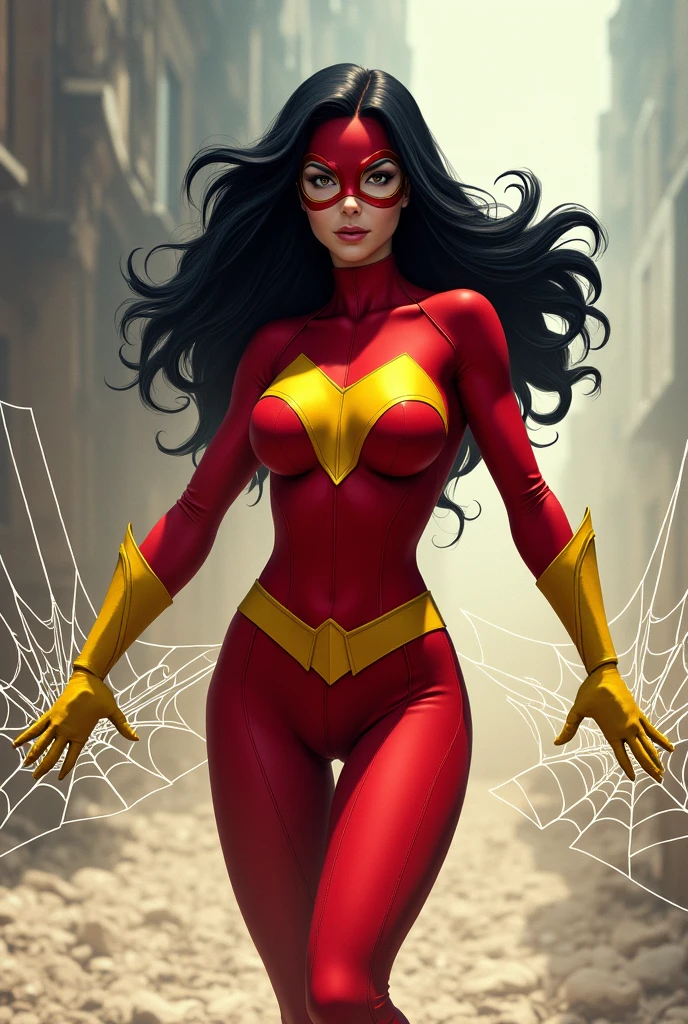 1 woman, superhero, long black hair, red mask, white lenses, red costume with yellow belly, yellow gloves, yellow boots, web-like gliders under her arms