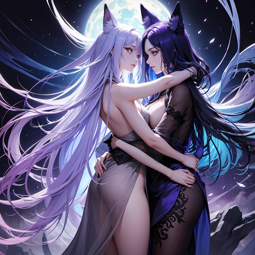 The God of Death is a child with a unique appearance that combines human and fox traits.. Your body is predominantly human, but with striking feral characteristics, like seven long blue tails that move gracefully. Her ears are fox-like and stand out above her bright blue hair., that falls in soft strands. His eyes are intense and bright purple, giving an enigmatic and profound look. This appearance reflects his majestic and mysterious presence as the God of Death., balancing the innocent and the supernatural. Her sister is a feral fox with vibrant purple fur.. Her blue hair is short and stands out against her fur., and your ears are blue. She has a wild and agile appearance, reflecting their independent nature. standing together, they hug each other affectionately, demonstrating deep affection and care for each other. The God of Death protects his sister with tenderness, while she reciprocates with equally protective care, highlighting the strong connection and special bond they share.
