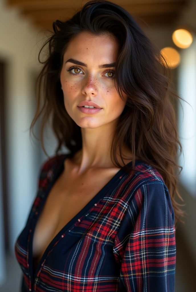 An image of a woman standing straight on, head turned slightly to her left, looking directly into the camera with a confident yet curious expression. She has dark brown, wavy hair and fair skin with noticeable freckles. Her eyes are amber brown with a warm light reflecting in them. She wears a tartan plaid garment in navy blue and red with white lines, and the neckline is slightly off her right shoulder. The setting is brightly lit with natural light.
