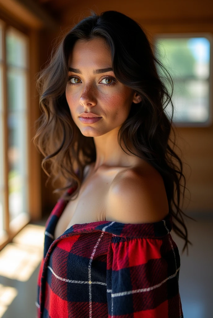 An image of a woman standing straight on, head turned slightly to her left, looking directly into the camera with a confident yet curious expression. She has dark brown, wavy hair and fair skin with noticeable freckles. Her eyes are amber brown with a warm light reflecting in them. She wears a tartan plaid garment in navy blue and red with white lines, and the neckline is slightly off her right shoulder. The setting is brightly lit with natural light.