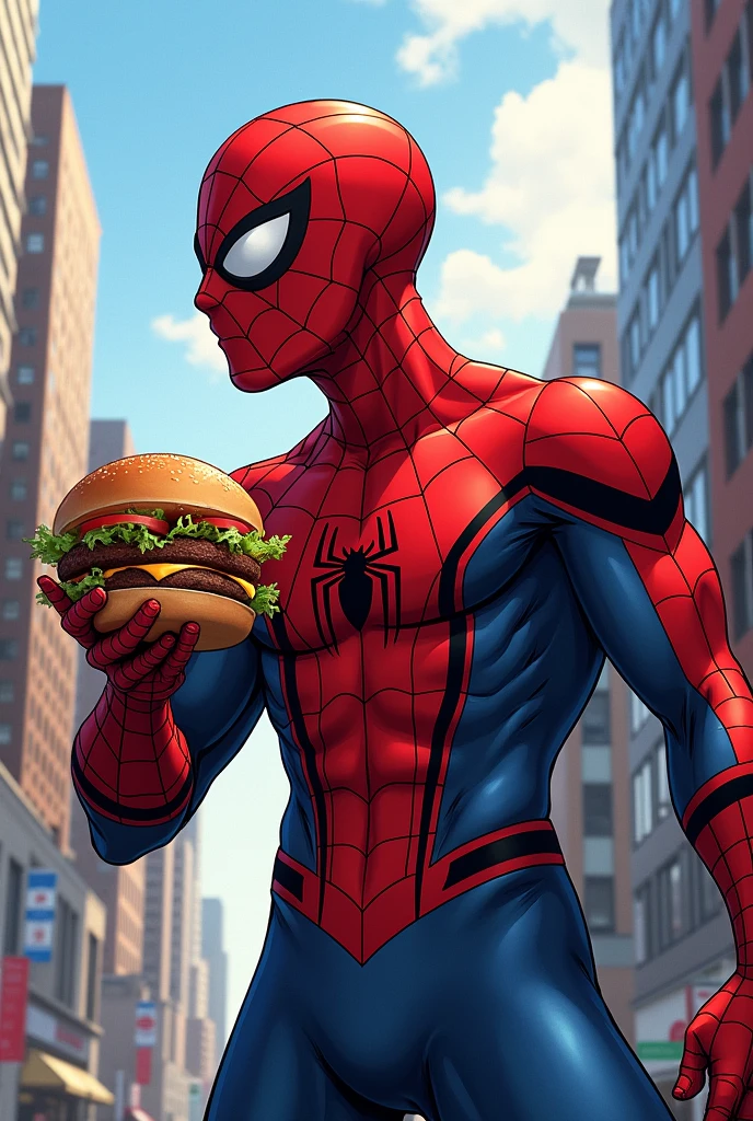 The spider man, marvel superhero, holding a hamburger