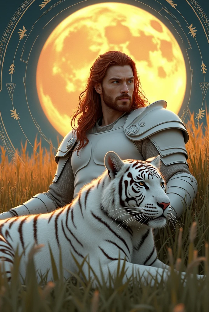 Male beautiful ranger light stubble white armour bare chest long dark red hair resting in high grass with young white tiger harvest moon art deco style