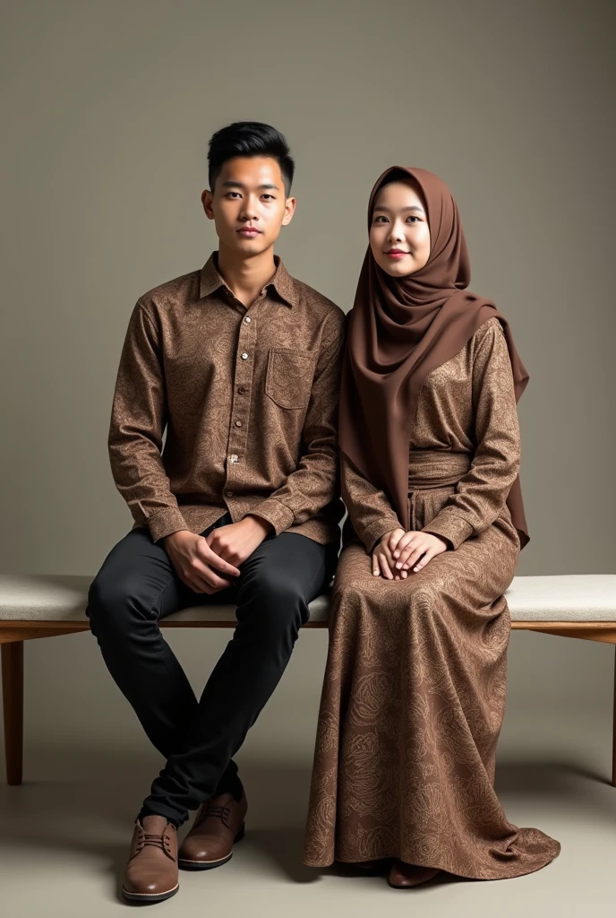 (photorealism  ,19 year old Indonesian male, , skinny and thin (short) haircut (undercut) wearing long-sleeved batik and black jeans,with a 1 woman wearing a brown hijab with a batik kebaya and a skirt ,,both facing forward with a thin sentum ,background studio 