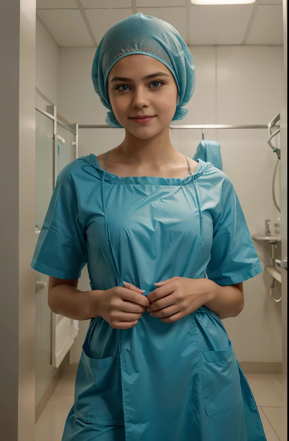 Ultra realistic, Cinematic, young pre-teenage girl,  (Kristina Pimenova),   , adolescent flat , tiny girl breast, pediatric patient, , girl standing in medical changing room, beautiful face, big eyes, big smile, detailed face, wearsteal cotton patient gown, wide angle , bokeh, all wearing large teal nylon bouffant cap, large teal nylon shower cap, large surgical cap covering hair and ears, short hair fully covered by nylon tissue cap, no hair tails, weaing teal patient gown with snap fasterners