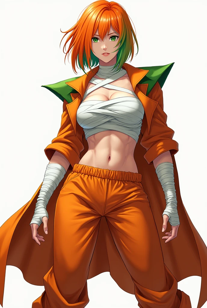 A very muscular anime age woman with orange hair with green highlights and green eyes wearing white bandages to cover her breasts completely and wearing baggy orange pants, wearing a long orange overcoat with green details on the shoulders 