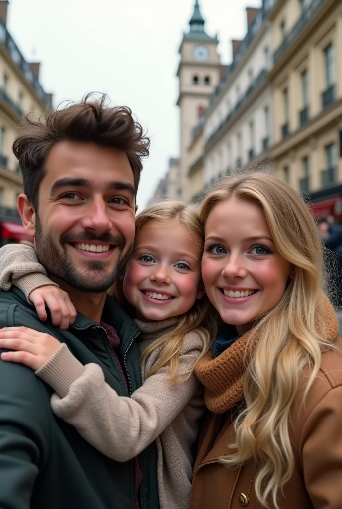 Blonde child , blue eyes very long hair hugging her father, brown hair and eyes and her mother blonde green eyes long hair taking a selfie on the streets of London 8k ultra realistic