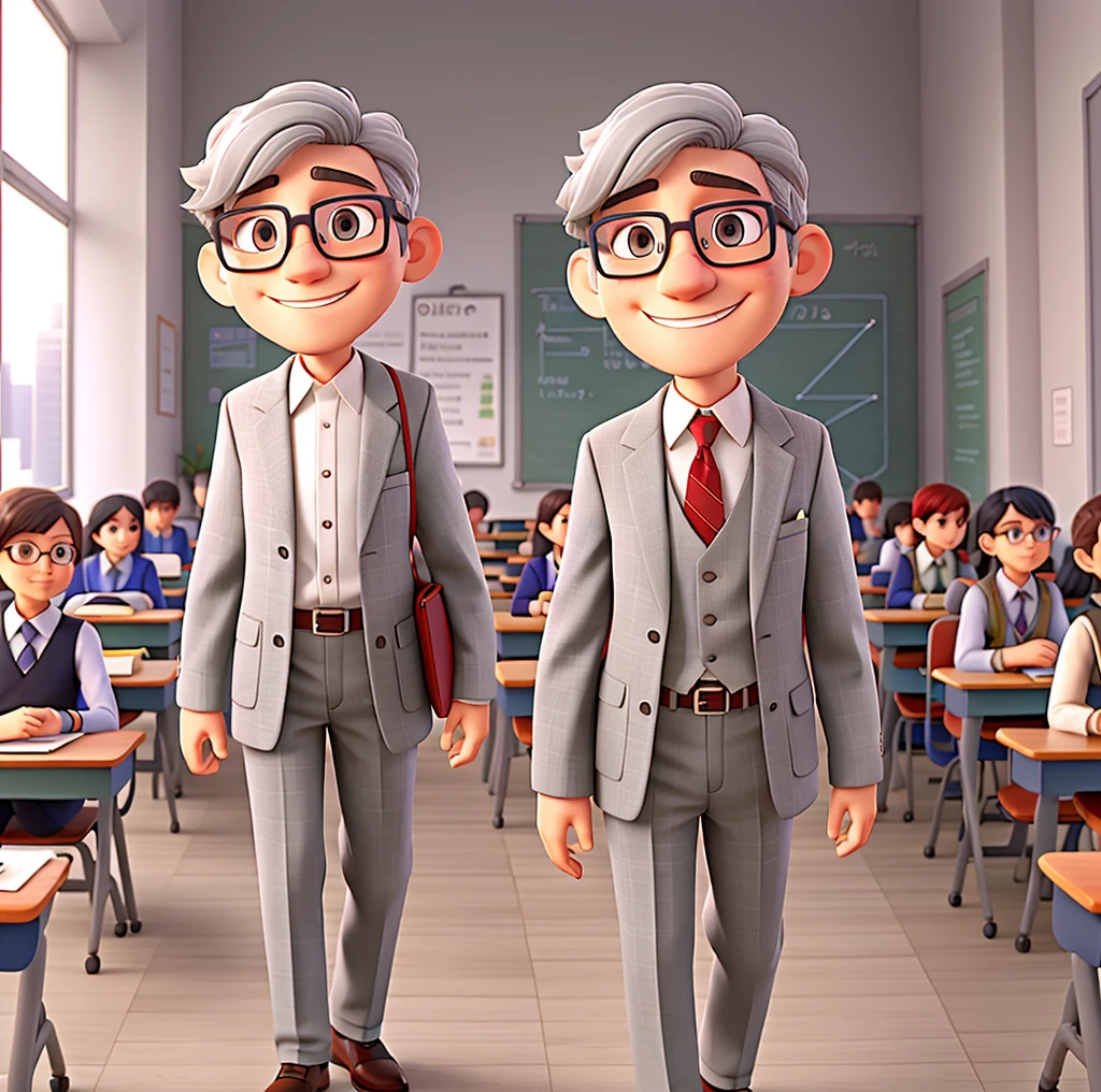 Gray-haired Professor, glasses and suit, Classroom Background