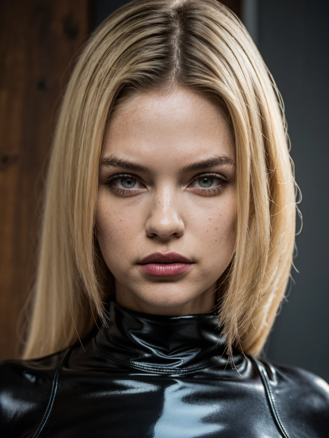 ((best quality)), ((masterpiece)), (detailed), (full body visable), (standing), 8k, detailed face, red lipstick, young teen, teenager girl, blonde healthy hair, symmetrical eyes, gray eyes, white skin, dominant face, busty, cleavge, small pretty nose, detailed eyes, standing, mad face expression, dominant woman, mad, powerful look, looking mad, not looking at camera, dark black room, wearing latex, dominatix,