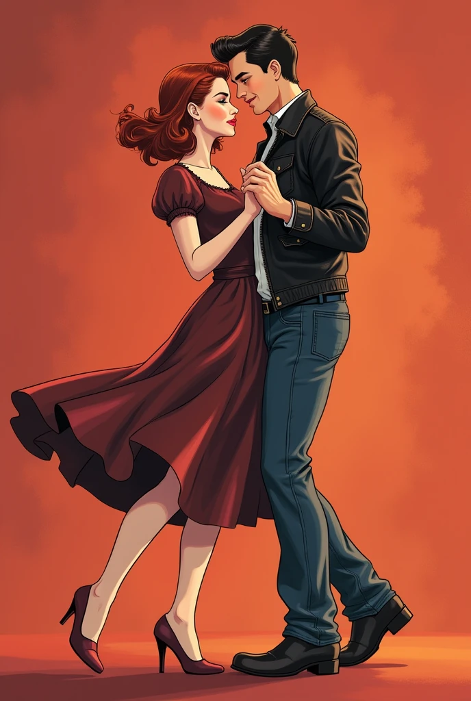 man and woman dancing, 50s style, graduation dance, the man is wearing a leather jacket, jeans and boots. The girl is wearing a typical 1950s dress. anime type gilhbi studio