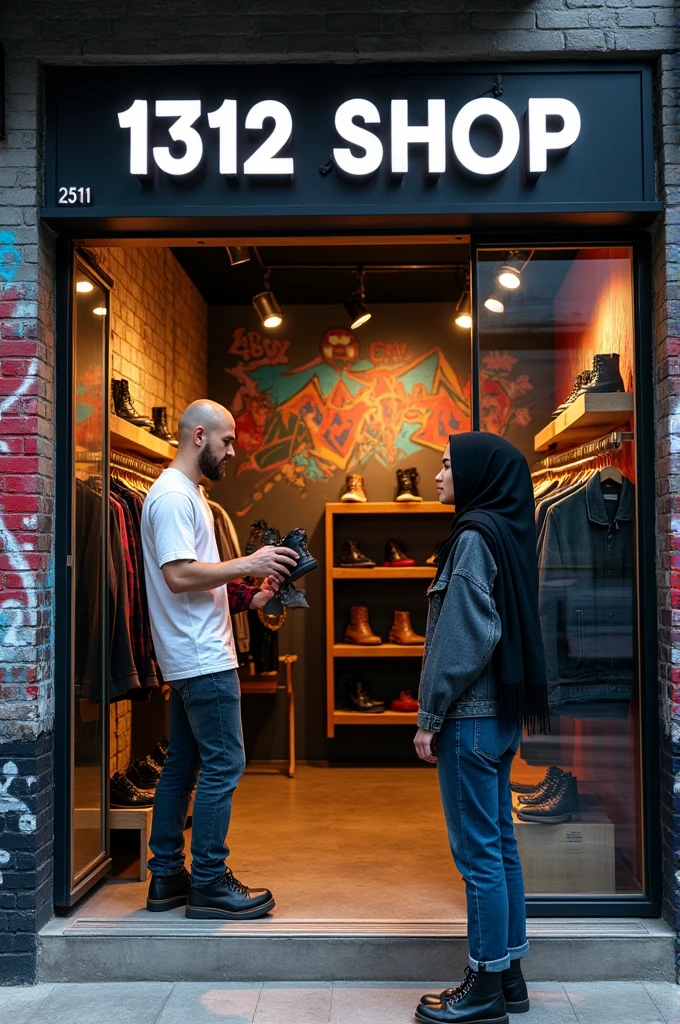 a hipster concept store,The walls are full of beautiful graffiti,part of the other wall is black brick,decorated with RGB led lights, selling skinhead clothing items such as highcut leather boots in various colors and options, plaid shirt, jeans, jeans jacket and many more. seen in the store a bald man wearing a white t-shirt holding shoes, outside the shop a Malay woman wearing a black hijab was seen,Dressed in emo fashion, a Muslim woman is standing waiting for someone, on the shop sign written with correct and accurate spelling "1312 SHOP"