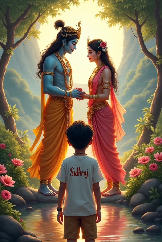 Radha kreeshna with yung boy in t shirt sidhraj name on t shirt he see front name is very nice
