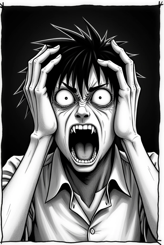 A black and white Japanese manga character crying desperately with his hands on his head while screaming in horror manga style, Japanese horror stories inside a dark room in rectangular image
