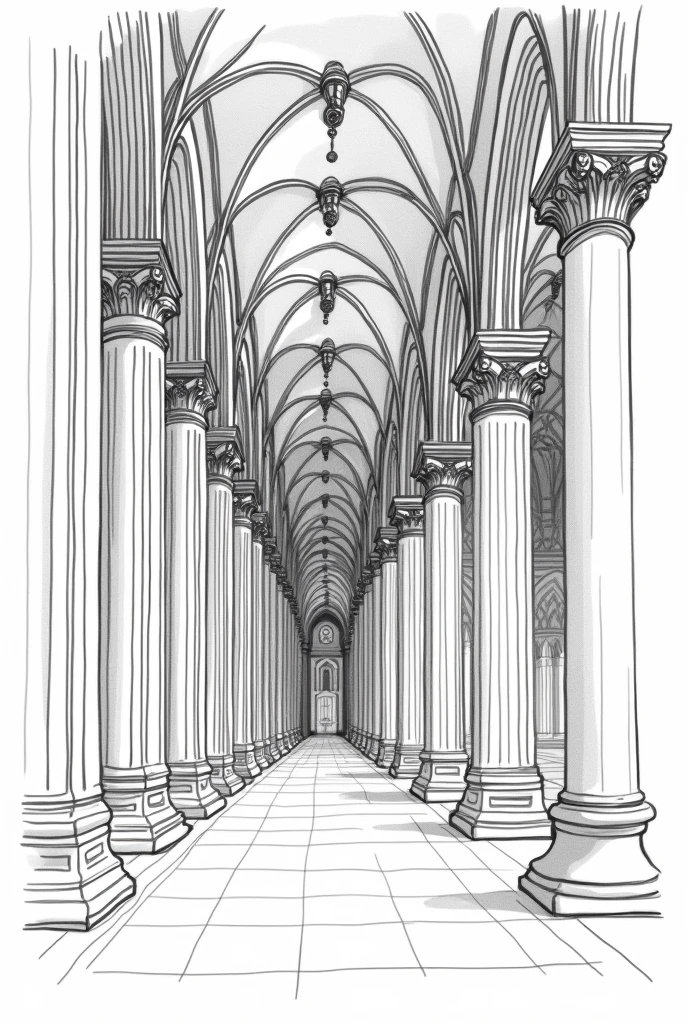 A side perspective that looks inside the Cathedral of Lima, Peru, which is seen complete with all its architectural parts., in black and white only lines