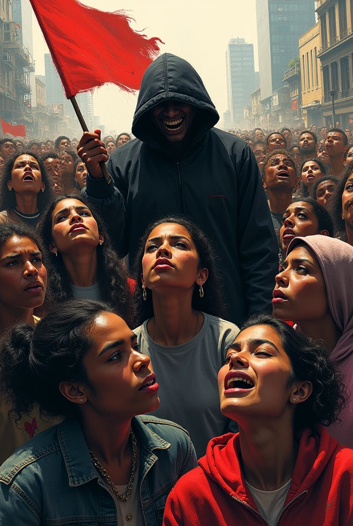 A concept art of showing Harsh reality of this generation, make a sketch where a crowd is protesting against rapes and a person behind the crowd trying to rape another women, contrast the difference