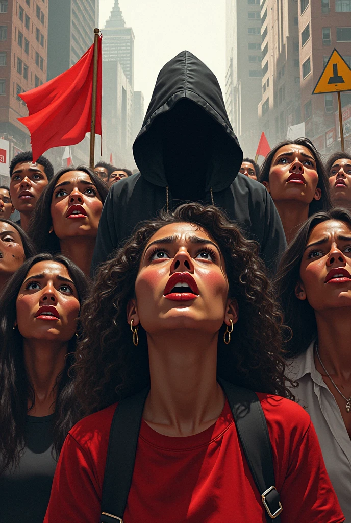 A concept art of showing Harsh reality of this generation, make a sketch where a crowd is protesting against rapes and a person behind the crowd trying to rape another women, contrast the difference