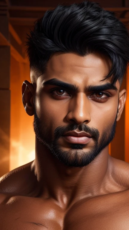 Indian Gurjar man with big shinning eyes big lips wide jawline beautiful hunk face spiky black hairstyle 