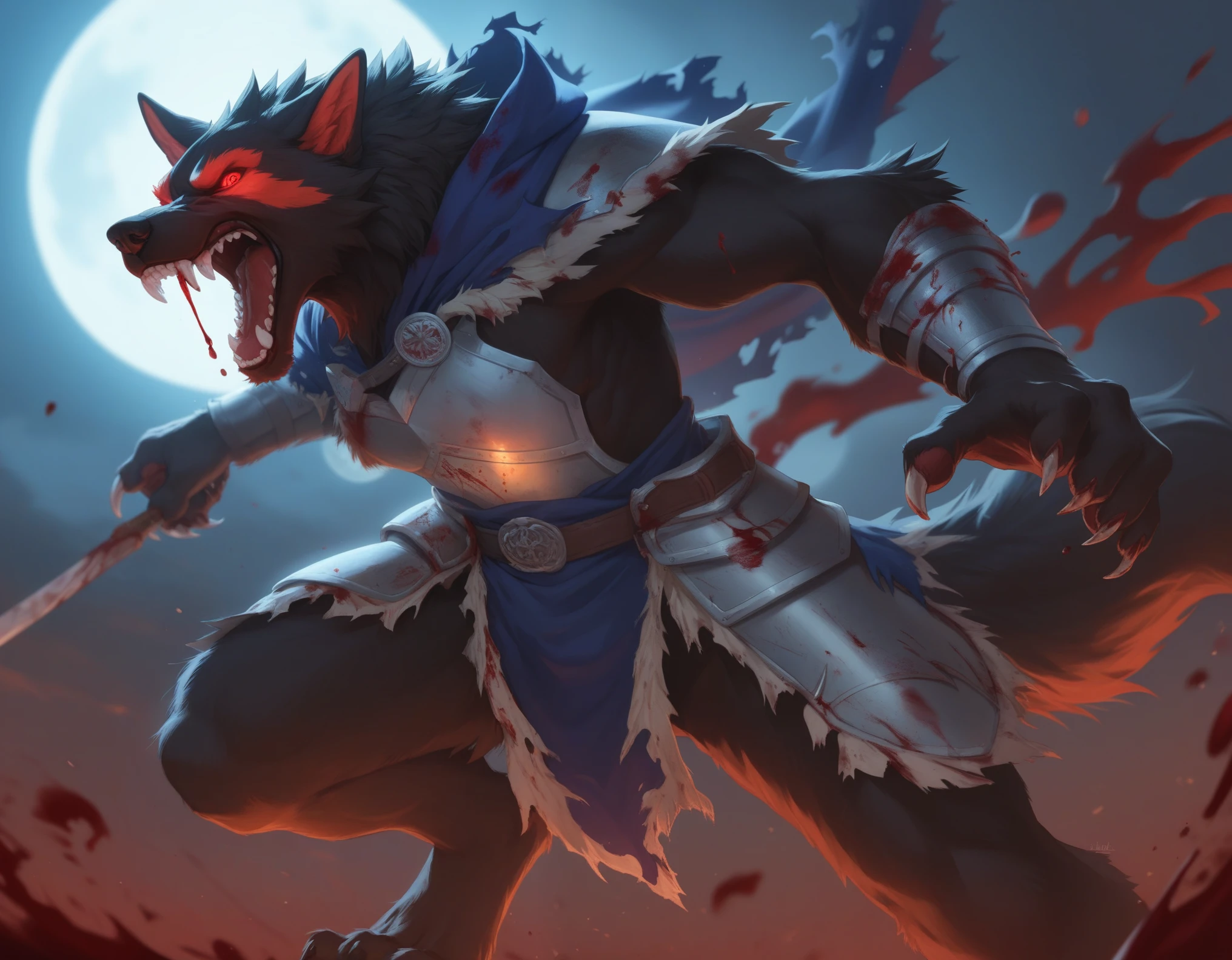 Solo, score_9,score_8_up,score_7_up, anthro wolf, male, dark fantasy style, black fur, bloody fur, messy fur, tattered robes, acolyte robes, chestplate armor, snarling, hood, tattered cape, midair shot, lunging at viewer, jumping at viewer, claws visible, blood dripping from claws, blood dripping from teeth, battlefield in background, night time, full moon, light trails from eyes, glowing eyes, red eyes, blood stained clothing, blood stained fur
