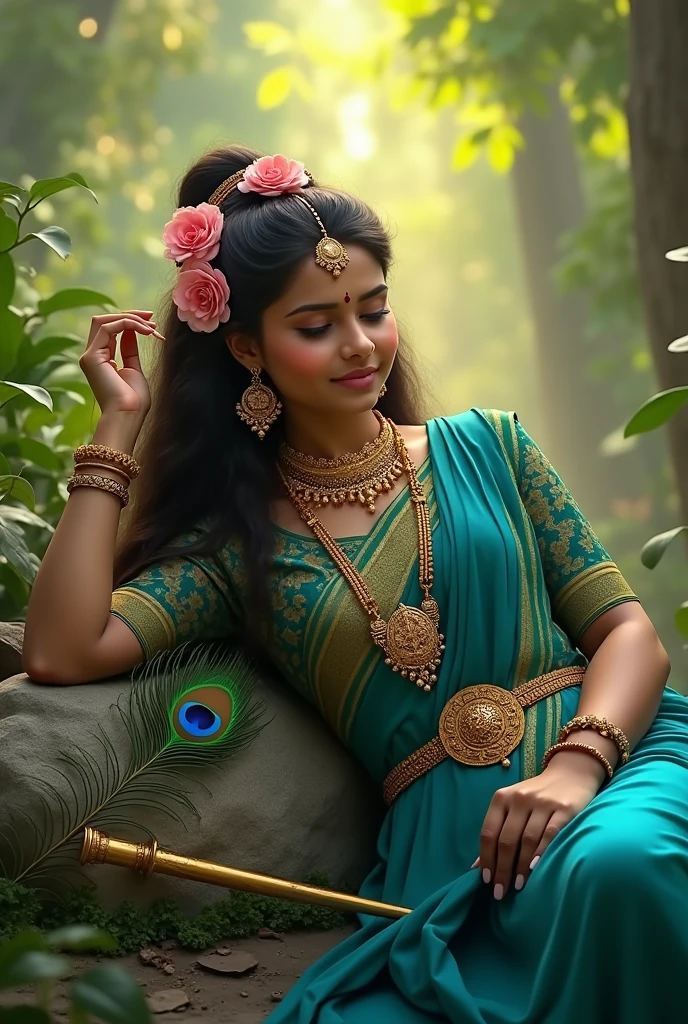 A young celestial woman adorned in ornate golden jewelry and a blue and green indian traditional outfit rests her head on a rock. She has long, flowing hair decorated with pink flowers and intricate accessories. A golden flute lies beside her, and a vibrant peacock feather is prominent in the foreground. The scene is set in a lush, green environment illuminated by soft, warm sunlight filtering through the trees, creating an ethereal and serene atmosphere.