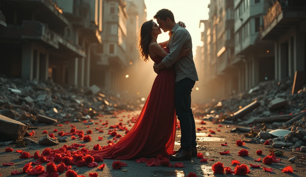 1889; (masterpiece, best quality) destroyed city roses on the floor(São Paulo); flowers on the ground; 1couple kissing sold looking Down(close-up);firearm on the floor.; fire around.